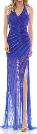 Colors Dress Halter V-Neck High Slit Gown In Royal