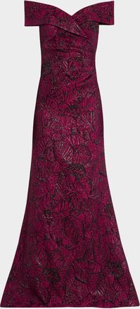 Teri Jon Off-Shoulder Metallic Leaf Jacquard Gown