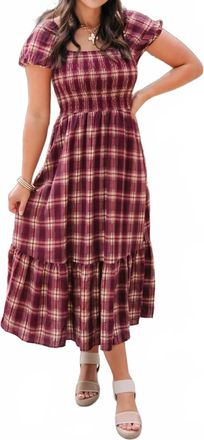 Blu Pepper Smocked Plaid Midi Dress In Wine