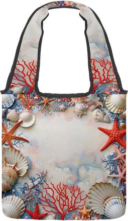 Generic Seashells Coral Starfish Reversible Canvas Shoulder Tote - Double-Sided Print, 12oz Cotton, 27cm Drop, Fold-Flat Bag for Travel, Shopping, Street Outi