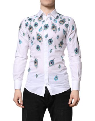 Dolce & Gabbana Mens White Cotton Feather Print Gold Dress Shirt