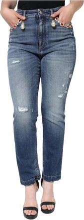 Dolce & Gabbana High Waist Distressed Jeans met Parels - Dames - Slim Fit Jeans - Blauw - L - Katoen - Jeans