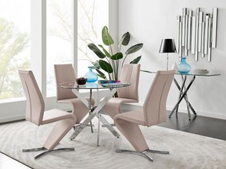 Furniturebox Novara Round 100cm Chrome Metal & Glass Dining Table & 4 Willow Dining Chairs Set in Beige