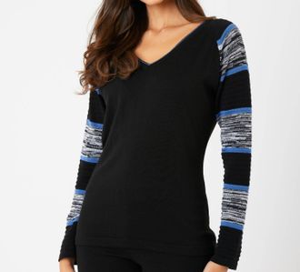 French Kyss Two Tone Sleeve V-Neck Top In Black/denim