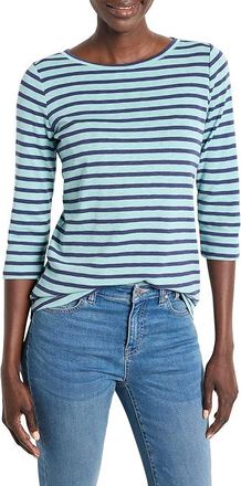 Nic+Zoe 3/4 Sleeve Stripe Boat T-Shirts Womens T Shirt Aqua : MD (US 8-10), Cotton/Modal