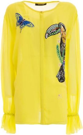 Roberto Cavalli Tropical Embroidery Georgette Shirt, Brand Size 40 ( US Size 6 )