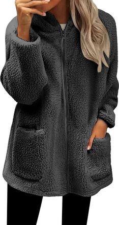 Generic Ladies Fleece Jackets Full Zip Womens Fleece Hoodie Jacket Winter Warm Soft Fluffy Fuzzy Teddy Hooded Coat Full Zip Up Thick Cardigan with Pockets Lad