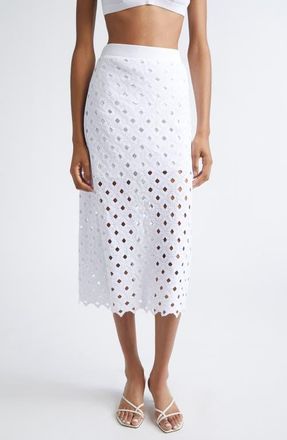 Max Mara Beachwear Embroidered Jersey Eyelet Midi Skirt in Optical White at Nordstrom, Size X-Large