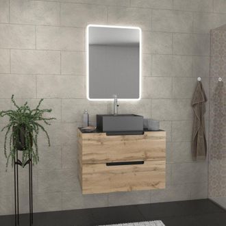 Aurlane Mobile bagno 80 cm 2 cassetti - Rovere e nero - Lavabo quadrato - Specchio Led - omega