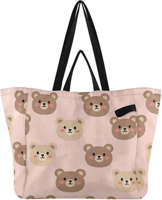 Generic Bear Pink pattern Reusable Canvas Tote Bag, Heavy Duty Grocery Shopping Bag with Double Handles Large Capacity Hard Bottom Work Groceries Travel