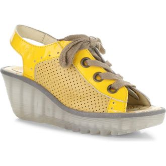 FLY London Yuta Platform Wedge Sandal in 019 Yellow/Bbee at Nordstrom, Size 10-10.5Us