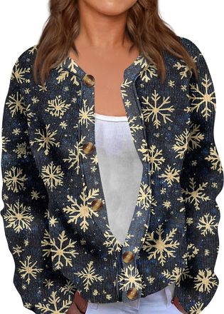 Generic Womens Christmas Jumpers Cardigan with Festive Reindeer Snowman Print Loose Fit Plus Size Funny Novelty Holiday Graphic Sweater Lightweight Chunky Cab