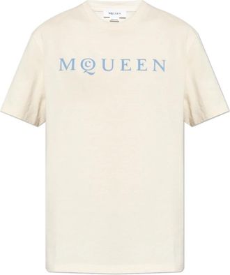Alexander McQueen Velvet-finish Logo T-shirt - Heren - T-shirts - Beige - L - Katoen - Tops