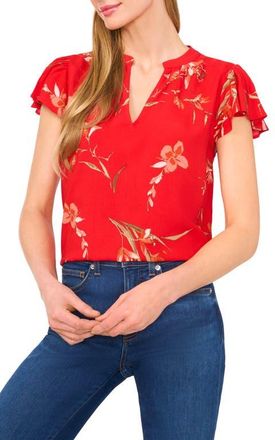 CeCe by Cynthia Steffe Floral Flutter Sleeve V-Neck Top in Fiery Red at Nordstrom, Size X-Small