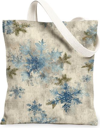 Generic Winter Snowflake Canvas Tote Bags, Cold Floral Reusable Grocery Bags, Vintage Lightweight Washable Shoulder Strap for Trave, Blue, 13x15 Inch