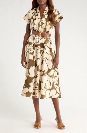 DKNY Floral Short Sleeve Belted A-Line Midi Dress in Sap Green/Camel at Nordstrom Rack, Size 8