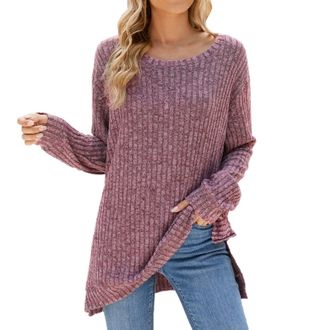Generic Boho Tops for Women UK Womens Round Neck Loose Long Sleeve Shirts for Lady Loose Fit Casual Crewneck Tunic Tops Fall Fashion Pullover Sweaters Side Sp