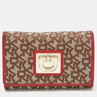 DKNY Dkny Beige/red Signature Canvas And Leather French Wallet