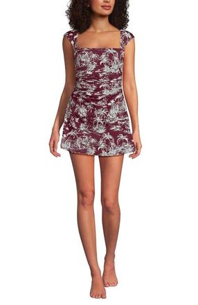 Lands End Chlorine Resistant Square Neck Ruched Swim Dress One Piece Swimsuit in Burgundy Island Scenic at Nordstrom, Size 24W