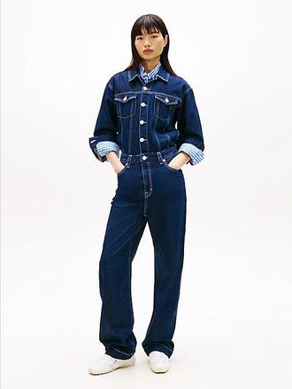 Tommy Hilfiger Flag Embroidery Collared Denim Jumpsuit