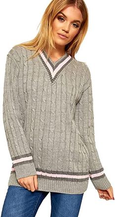 Purple Hanger Womens New Long Sleeves Ladies Cable Knitted V Neck Stretch Cricket Sweater Jumper Top Plus Size Light Grey Size 20 - 22