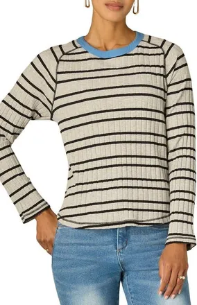Wit & Wisdom Stripe Rib Top in Heather Grey/pacific Blue at Nordstrom, Size X-Large