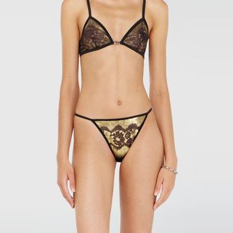 Diesel Stretch-tulle thong with metallic lace effect - Strings - Woman - Black