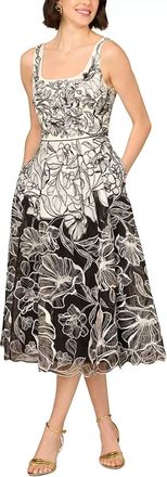 Adrianna Papell Embroidered Organza Midi Dress In Back/ White