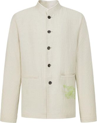 Shanghai Tang dragon-embroidered herringbone jacket - men - Flax/Wool - 46 - Neutrals