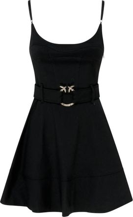Pinko Zwarte Jurk met Logo Riem - Dames - Korte kleedjes - Zwart - L - Wol - Kleedjes