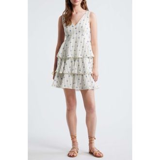 Treasure & Bond Floral Tiered Minidress in Ivory- Blue Sydney Geo at Nordstrom, Size Xx-Large