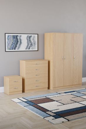 Home Discount Riano 3Pc Bedroom Set - 2 Drawer Bedside, 5 Drawer Chest & Wardrobe in Brown
