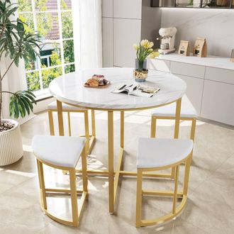 Matteo White & Gold MDF Dining Table Set with 4 Velvet Chairs - Modern Luxury