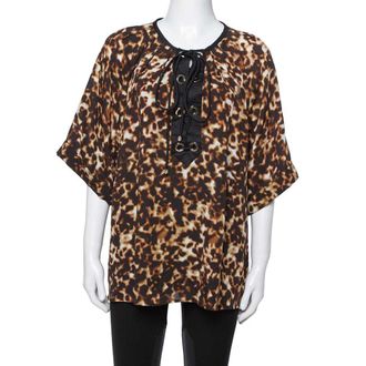 Roberto Cavalli Brown Printed Silk Crepe Tie Front Blouse