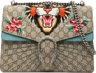 Gucci Womens Pre-owned Medium Gg Supreme Embroidered Angry Cat Dionysus Shoulder Bag - Sage Green Textile - One Size