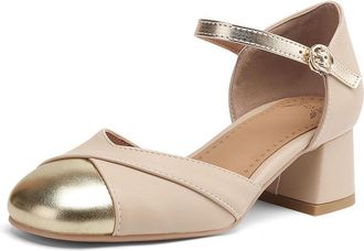 Generic Womens Ankle Strap Pumps Metallic Toe Cap Adjustable Buckle Strap Block Heel Cutout Vamp Slip-On Cushioned Insole Non-Slip Smooth Upper,Apricot,5.5 UK