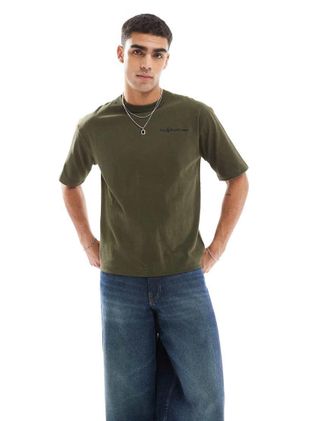 Polo Ralph Lauren T-shirt oversize taglio comodo in tessuto pesante verde scuro con logo del giocatore di polo e scritta