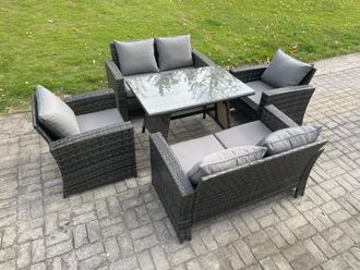 Fimous Rattan Garden Furniture Set 6 Seater Patio Outdoor Lounge Sofa Set with Rectangular Dining Table Love Seat Sofa in Dark Grey