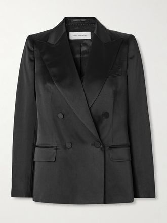 Dries Van Noten Blazer Doppiopetto In Raso Di Misto Cotone Lavato - Nero