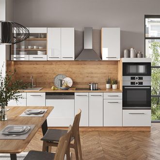 Vicco Mueble De Cocina Fame-line, Blanco Brillo Intenso/roble Dorado, 300 Cm Con Armario Alto, Et Antracita, Vicco