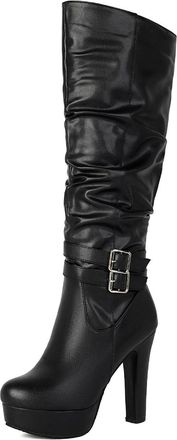 Generic Womens Round Toe Platform Long Boots PU Leather Knee High Boots with Side Zipper Block High Heel Knight Boot with Buckle,Black,4.5 UK