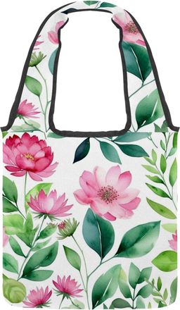 Generic Flowers and Green Leaves Reversible Canvas Shoulder Tote - Double-Sided Print, 12oz Cotton, 27cm Drop, Fold-Flat Bag for Travel, Shopping, Street Outi