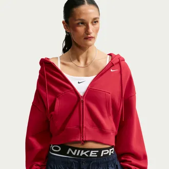 Nike Womens Studio Fleece Medium Weight Oversized Full-Zip Cropped Hoodie in Red | IM8499-608