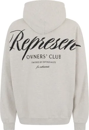 Represent Mens Hooded Sweatshirt Owners Club Script Heather Grey Cotton Jumpers Sweater