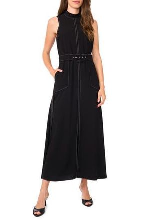 Halogen Topstitched Mock Neck Midi Dress in Rich Black at Nordstrom Rack, Size Large