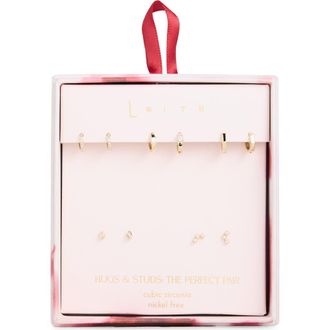 Leith Set of 5 Cubic Zirconia Stud & Huggie Hoop Earrings in Clear- Gold at Nordstrom Rack