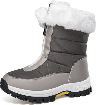 Generic Womens Non-Slip Warm Zipper Snow Boots, Waterproof Fur-Lined Leather Boots with Zipper & Lace-Up, Non-Slip Lightweight Outdoor Warm Walking Shoes (gre