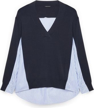 Fiorella Rubino Trui met V-hals en gestreepte inzetstukken - Dames - Blouses - Blauw - XL - Katoen - Overhemden
