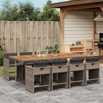 vidaXL Set Comedor Jard&iacute;n 9 Pzas Y Cojines Rat&aacute;n Sint&eacute;tico Gris Vidaxl