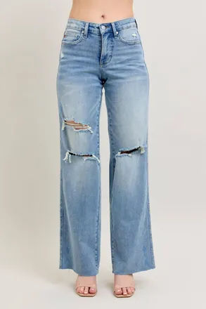 Judy Blue Mid-Rise Tummy Control & Destroy Wide Leg Jean In Blue